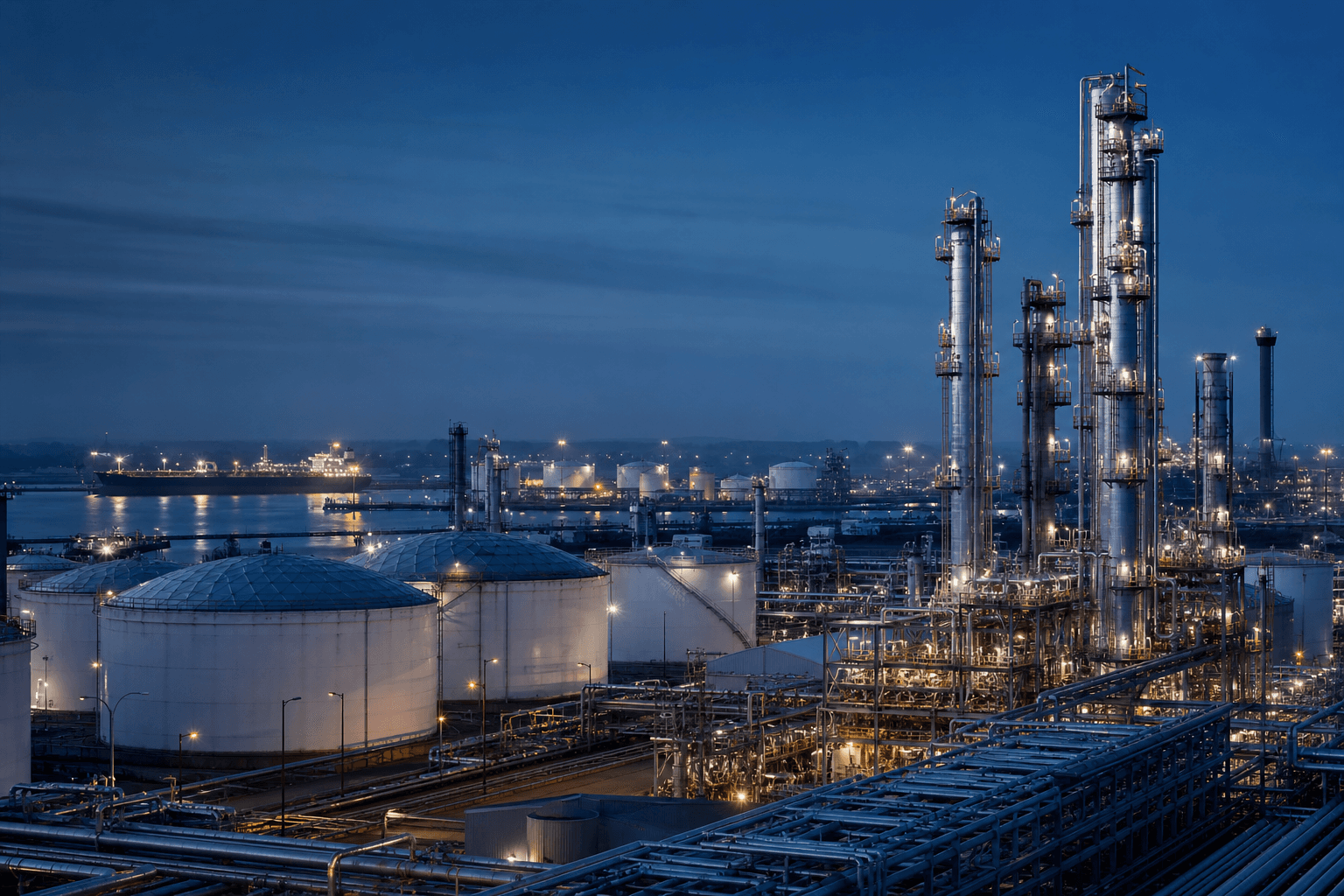 Petroleum storage and processing infrastructure at blue hour